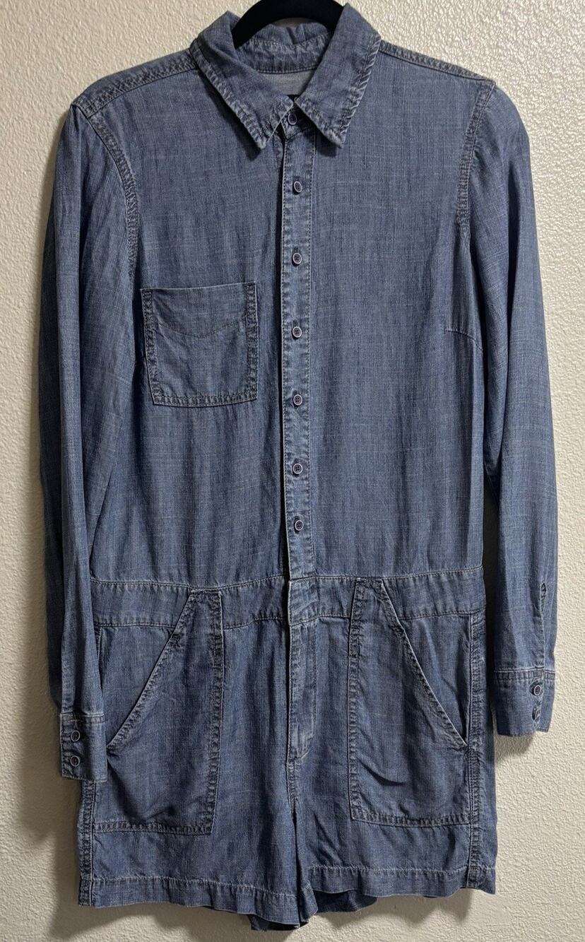 Blue Chambray Linen Blend Romper Vacation Resort Western Festival Size S